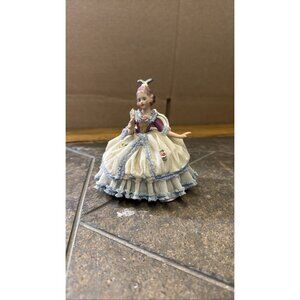 Dresden Lace Porcelain Lady Figurine Seated With Fan White Blue Trim Dress 4.5 I